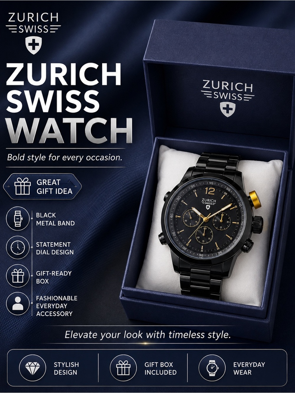 Zurich Swiss Black and Gold Men's Chronograph Watch needs battery